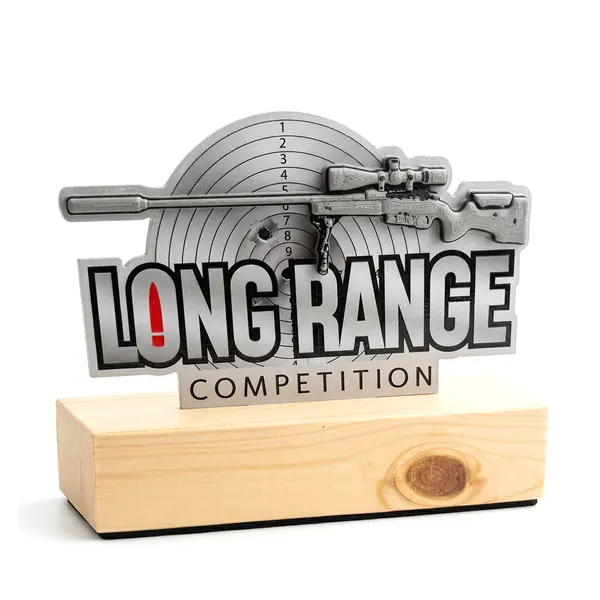 Statuetka stalowa Long Range — nagroda dla zawodników strzeleckich wycinana laserowo ze stali przez Spinfactory